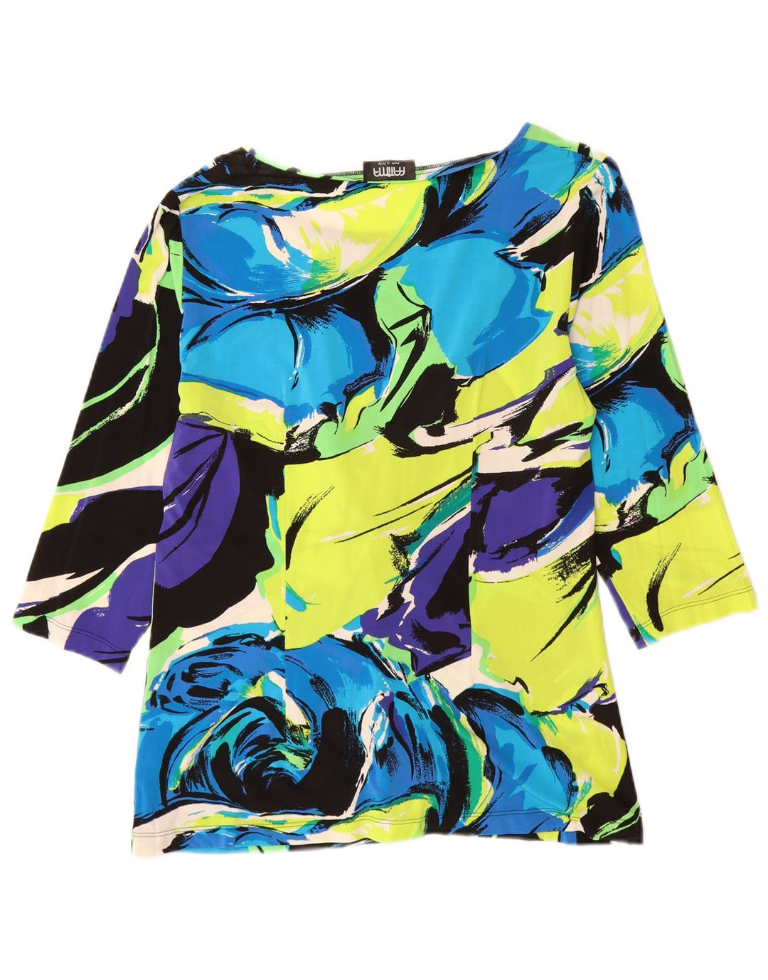 Top feminino vintage manga 3/4 Reino Unido 12 viscose floral multicolorida média