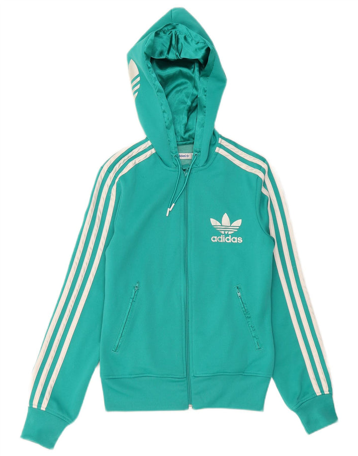 Adidas Womens Hooded Tracksuit Top Jacket UK 8 Pequeno Turquesa Poliéster
