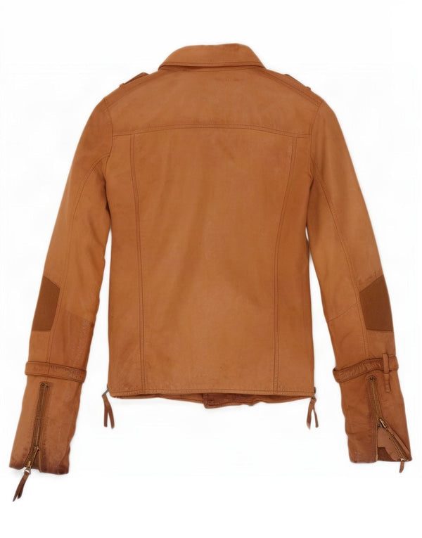 Jaqueta feminina de couro para motociclista True Religion Reino Unido 10 bloco colorido bege pequeno