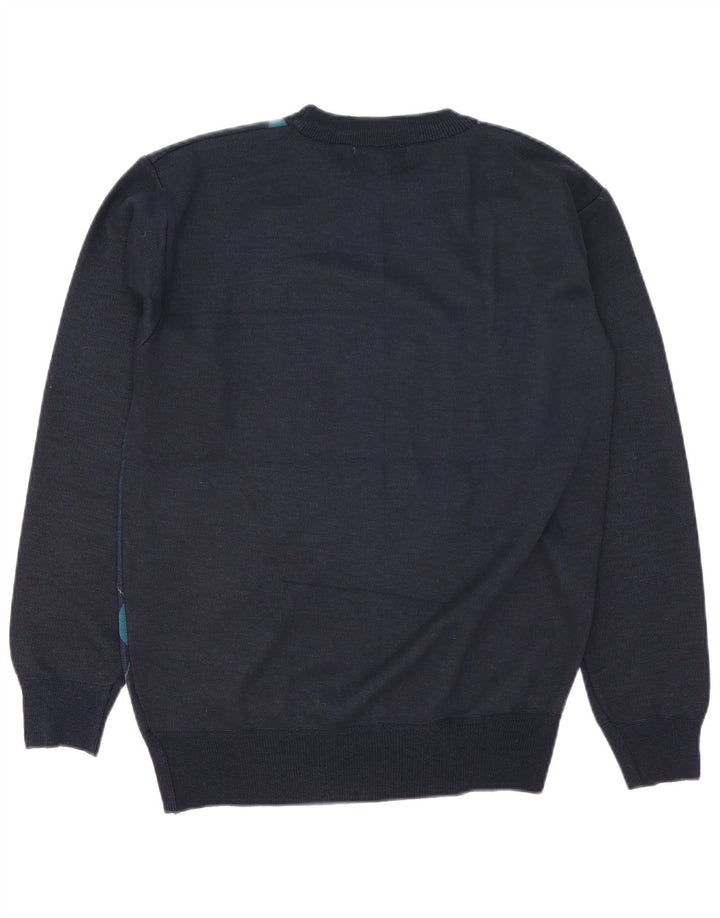 Suéter vintage masculino com gola redonda grande azul marinho argyle/lã diamante