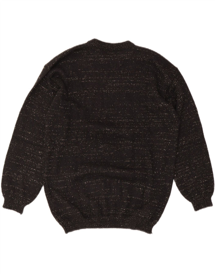 Suéter feminino VINTAGE com gola redonda Reino Unido 14 médio preto argyle/diamante