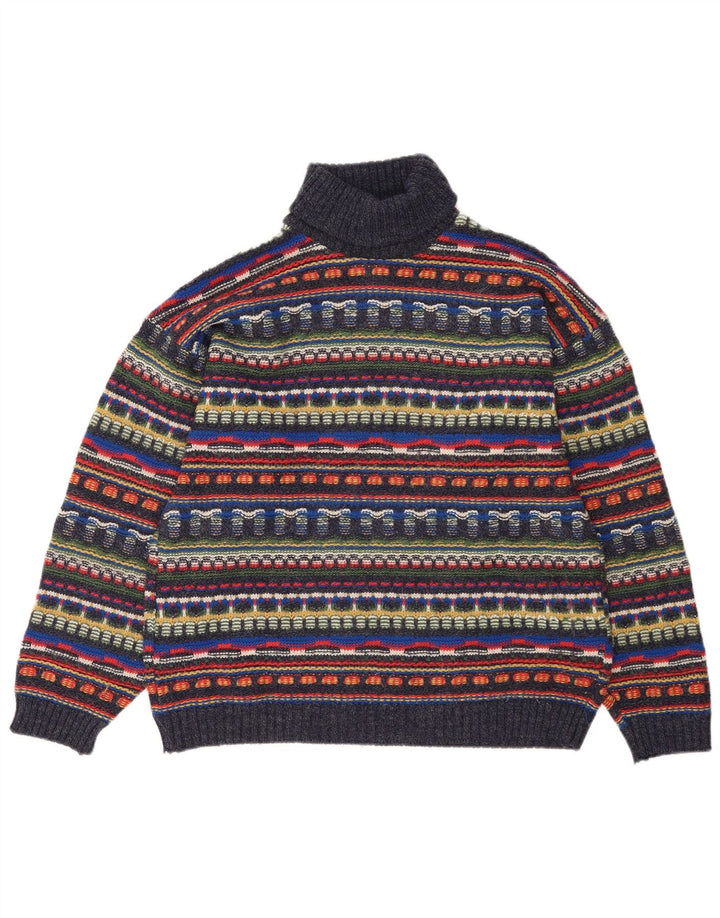 Suéter vintage masculino com gola redonda, grande lã multicolorida Fair Isle