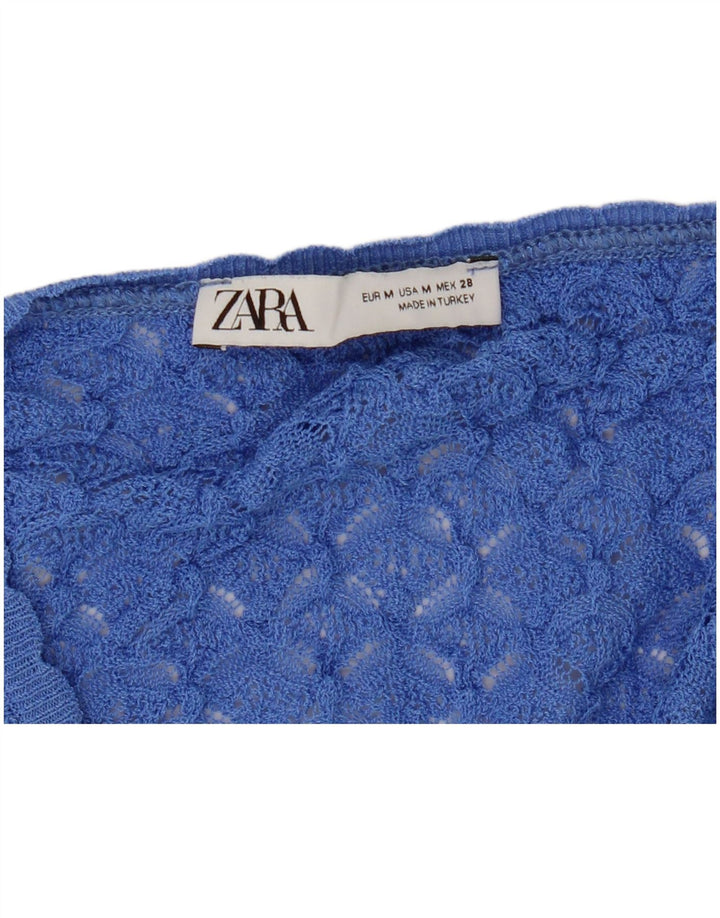 Blusa feminina de crochê sem mangas Zara Top UK 12 azul médio