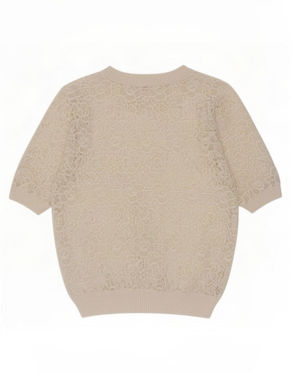 Blusa feminina de renda Marks & Spencer Reino Unido 12 algodão floral bege médio