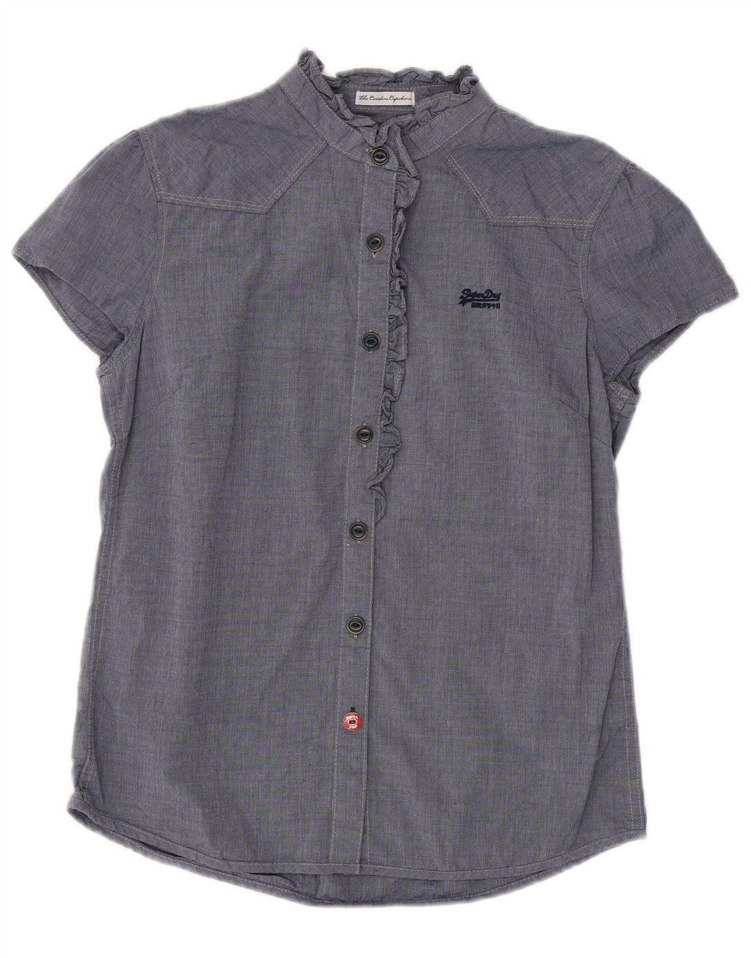 Blusa feminina SUPERDRY com babados na frente Reino Unido 12 médio azul marinho