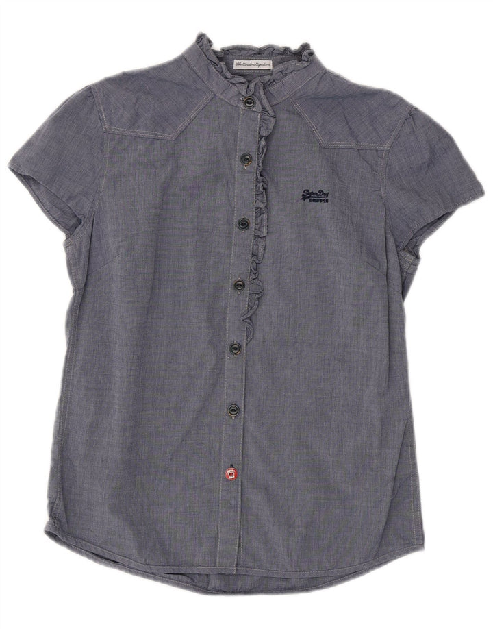 Blusa feminina SUPERDRY com babados na frente Reino Unido 12 médio azul marinho