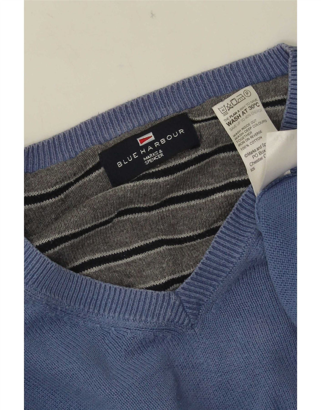 Suéter masculino Marks & Spencer Blue Harbor com decote em V XL algodão