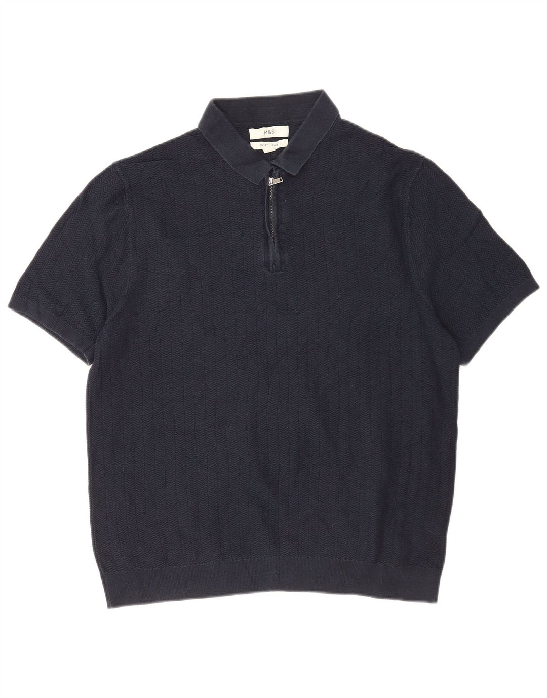 Suéter masculino Marks & Spencer com gola polo grande espinha de peixe azul marinho