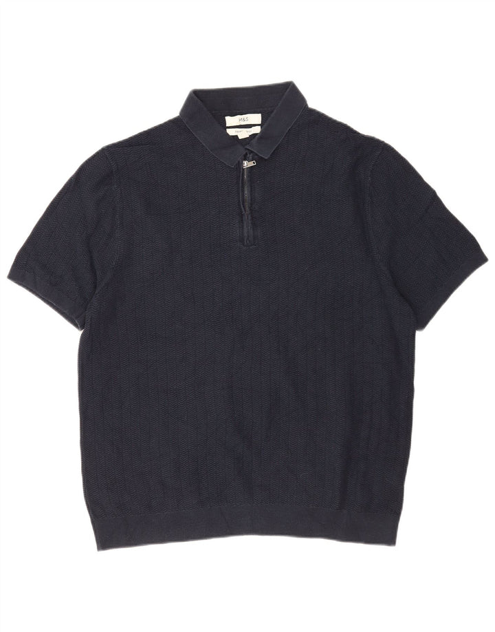 Suéter masculino Marks & Spencer com gola polo grande espinha de peixe azul marinho