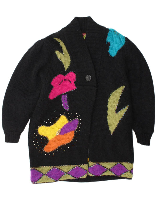 Vintage Womens Longline Cardigan Sweater UK 16 Large Black Colourblock Wool