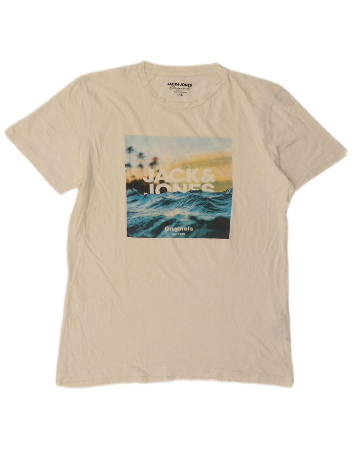 Camiseta gráfica masculina Jack & Jones, top pequeno de algodão branco