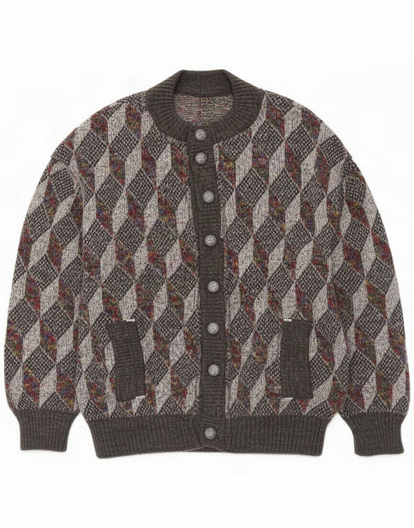 Suéter cardigã masculino vintage XL lã geométrica cinza