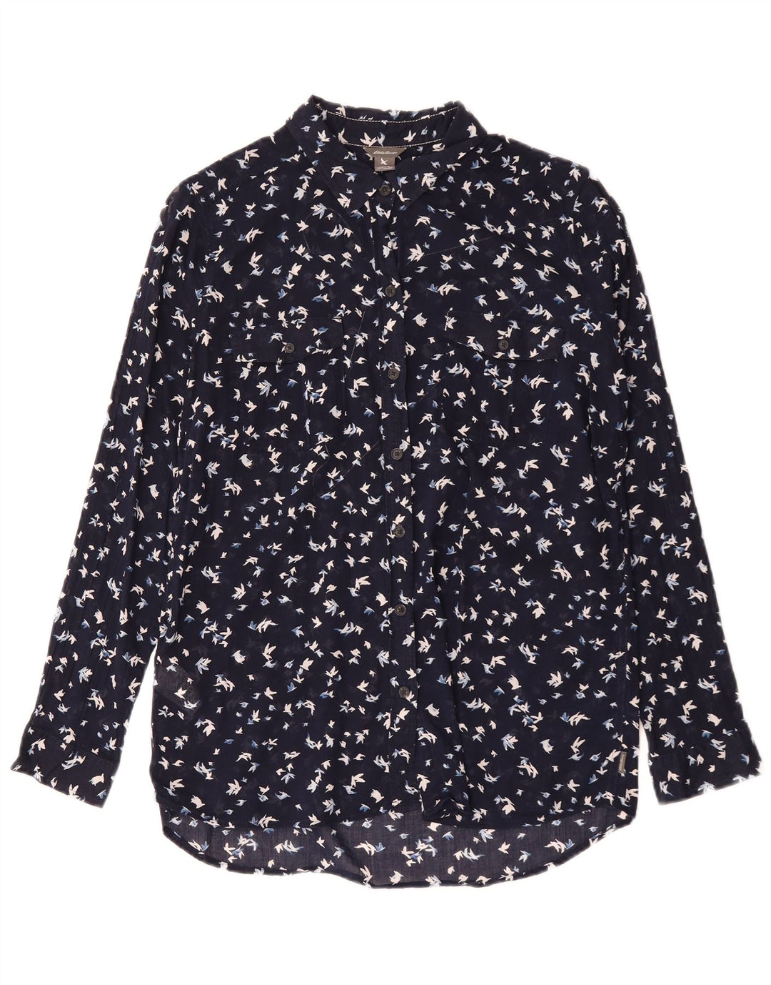 Camisa feminina Eddie Bauer com padrão abstrato Reino Unido 16 grande algodão azul marinho