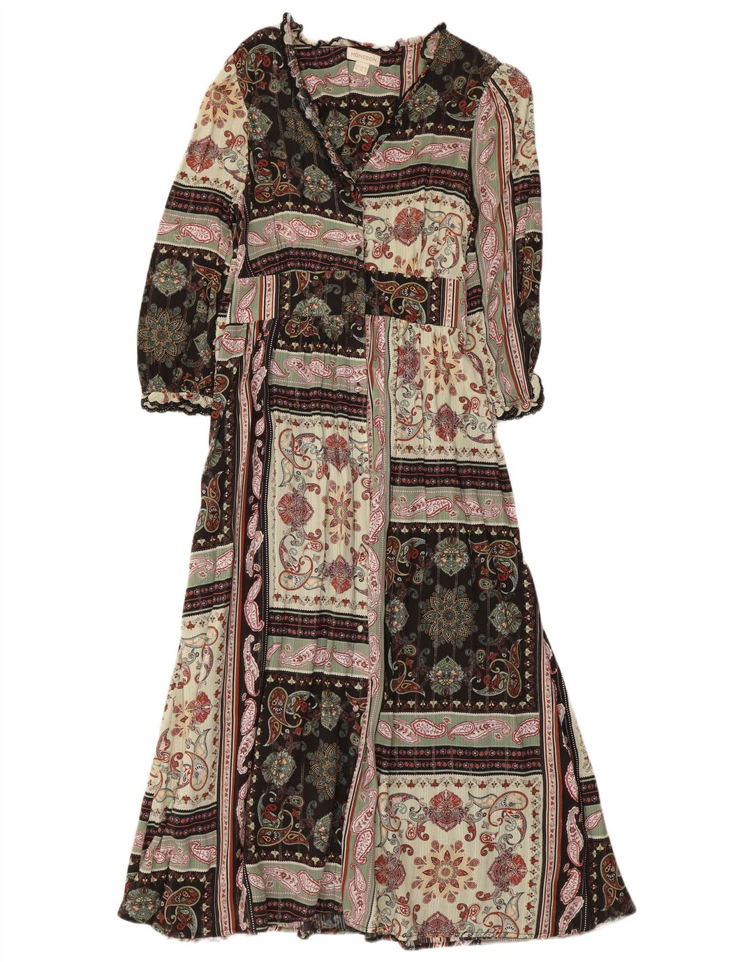 Vestido maxi feminino Monsoon manga 3/4 Reino Unido 10 pequenos retalhos multicoloridos