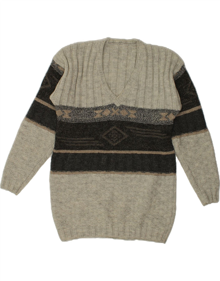 VINTAGE Mens V-Neck Jumper Sweater Medium Grey Striped Vintage Vintage and Second-Hand Vintage from Messina Hembry 