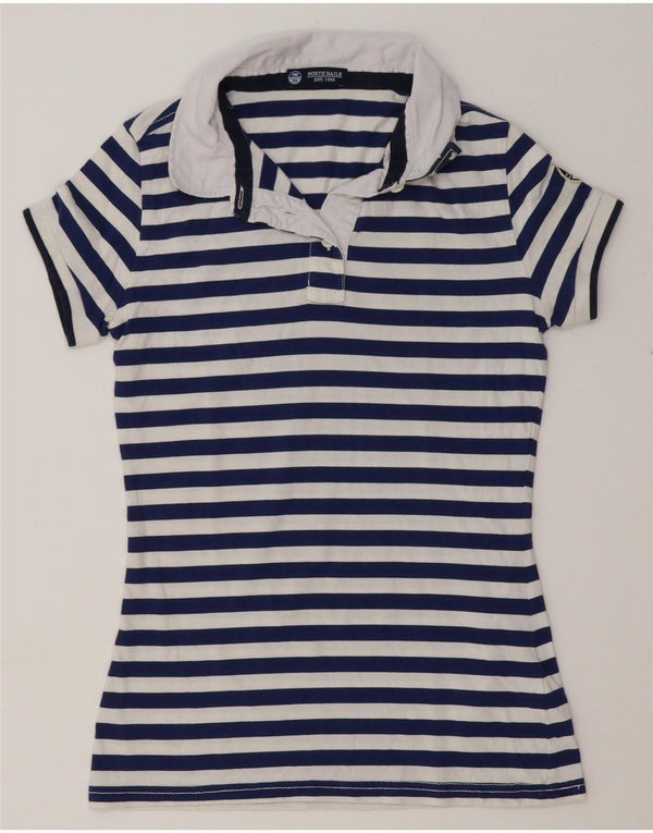 Camisa polo feminina North Sails UK 12 algodão listrado azul marinho médio