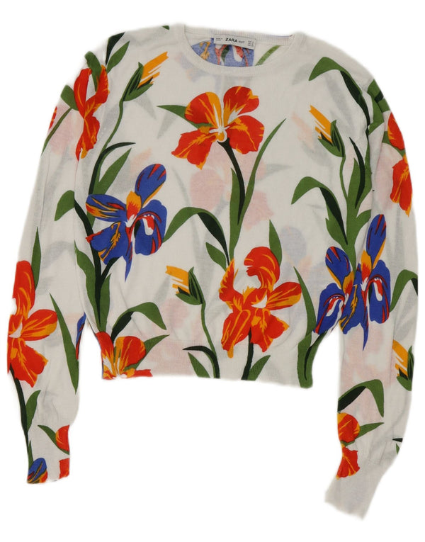 Zara Womens Crop Boat Neck Jumper Sweater UK 10 Small White Floral