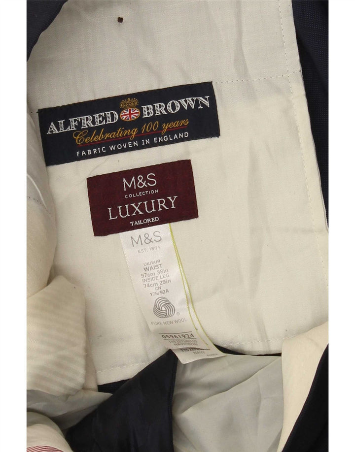 Calça masculina de terno reto Marks & Spencer W38 L29 lã azul marinho