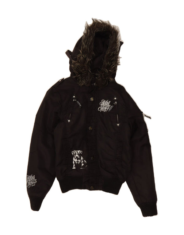 Jaqueta bomber feminina VINTAGE com capuz gráfico Reino Unido 14 médio preto nylon