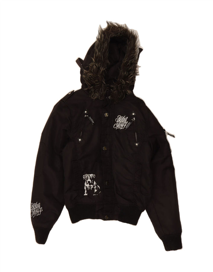 Jaqueta bomber feminina VINTAGE com capuz gráfico Reino Unido 14 médio preto nylon