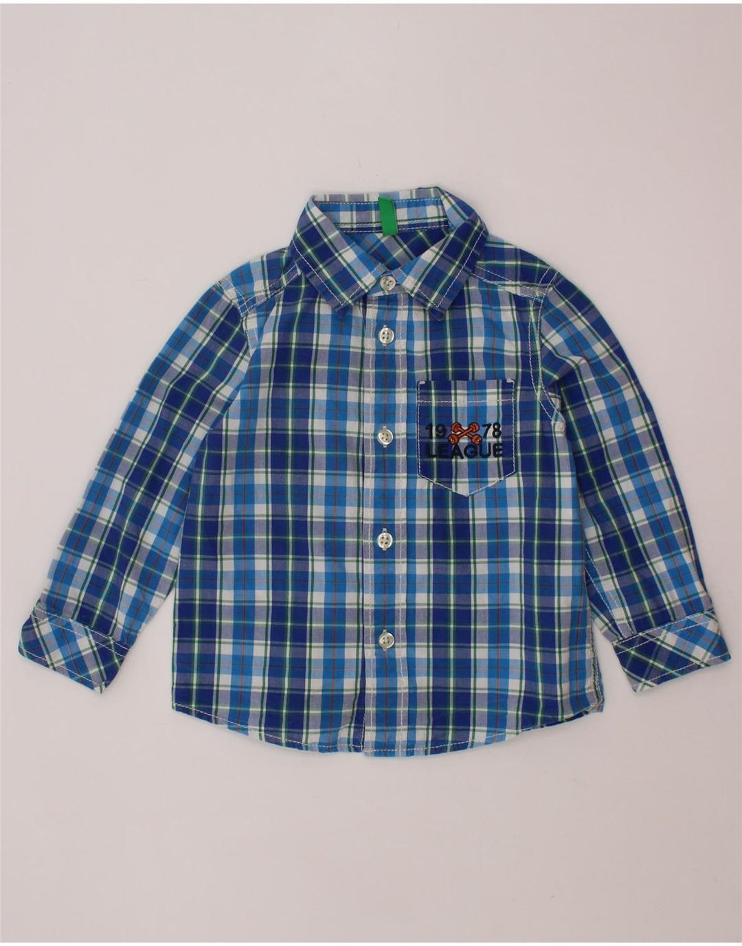 Camisa BENETTON Bebé Menino 18-24 Meses Algodão Xadrez Azul