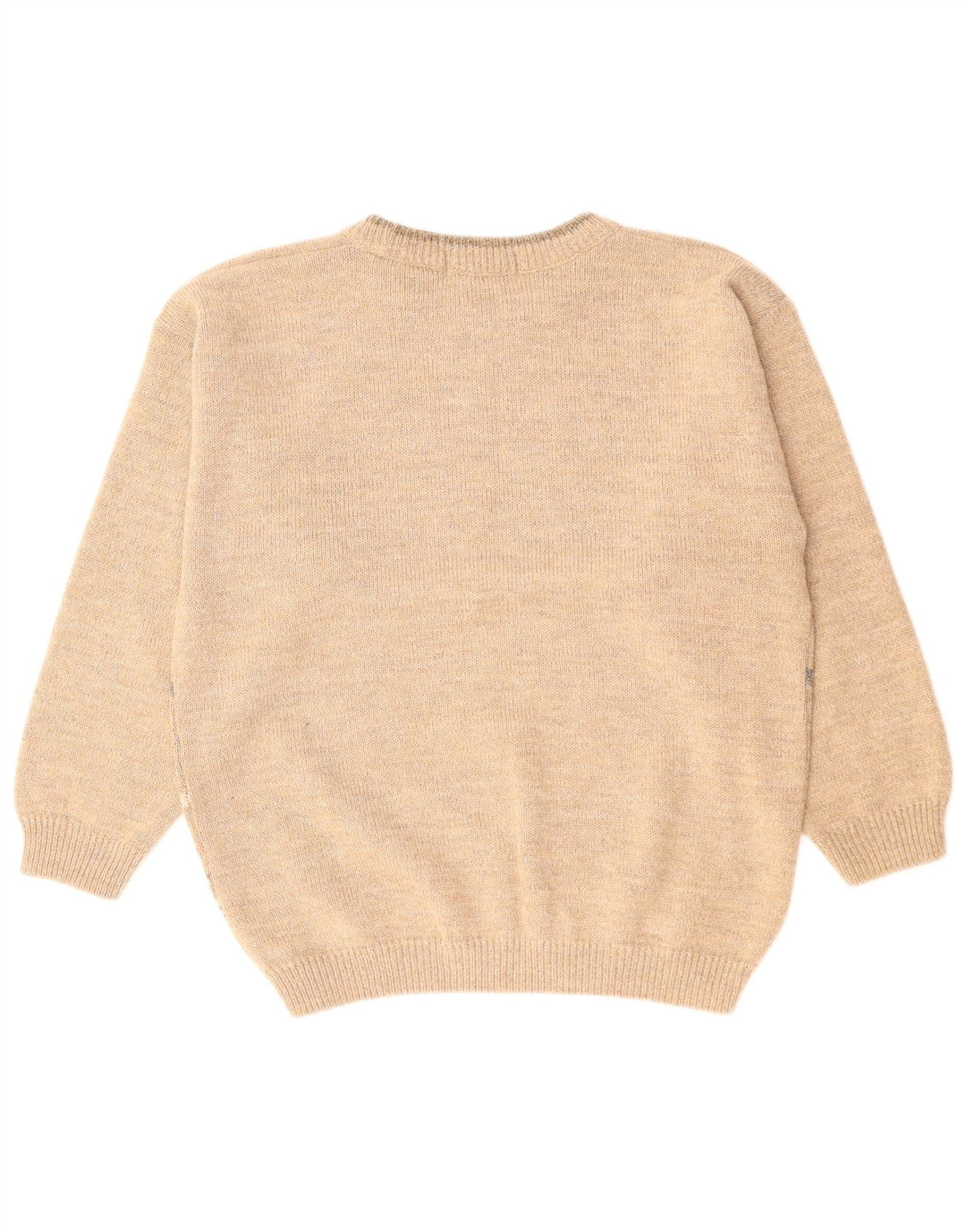 Suéter vintage masculino com gola redonda, bege médio, acrílico Fair Isle