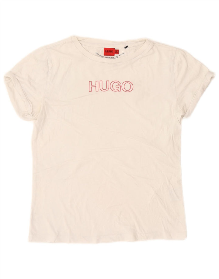 Camiseta gráfica feminina Hugo Boss UK 10 algodão branco pequeno