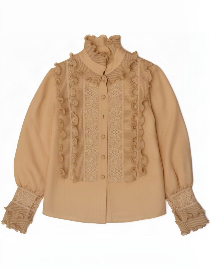 Blusa feminina vintage com babados na frente Reino Unido 8 pequena bege