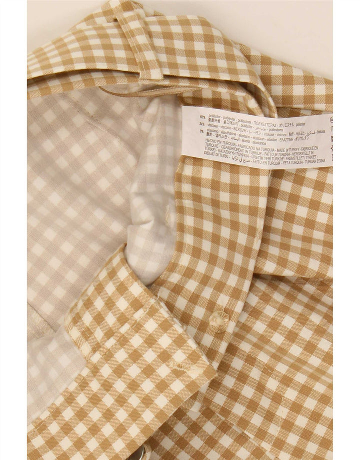 Calça quente feminina Zara cintura alta pequena W26 poliéster bege guingão
