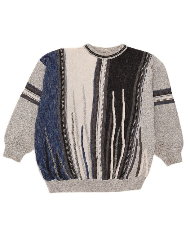 Suéter vintage masculino com gola redonda e algodão listrado cinza grande