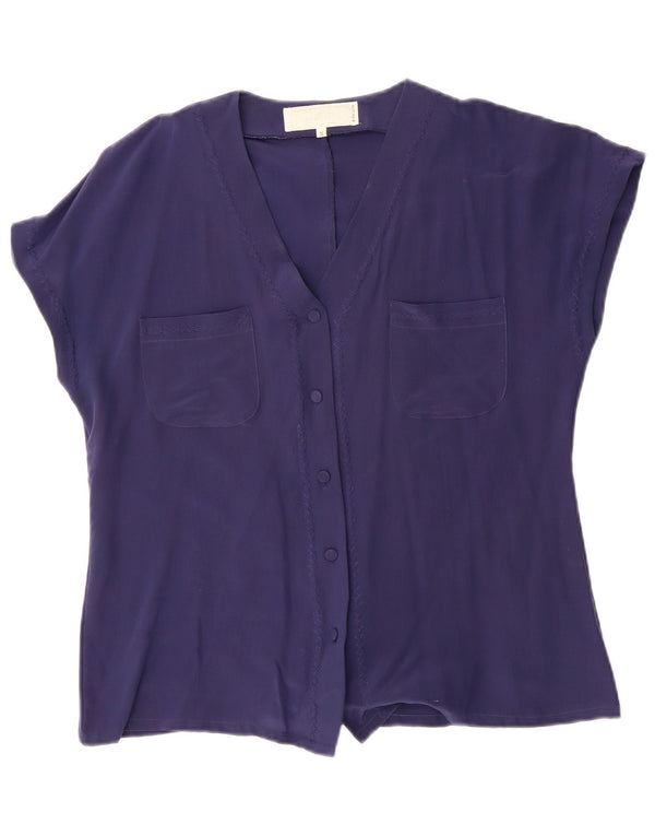 Blusa feminina vintage de manga curta solta Reino Unido 10 pequena seda azul marinho
