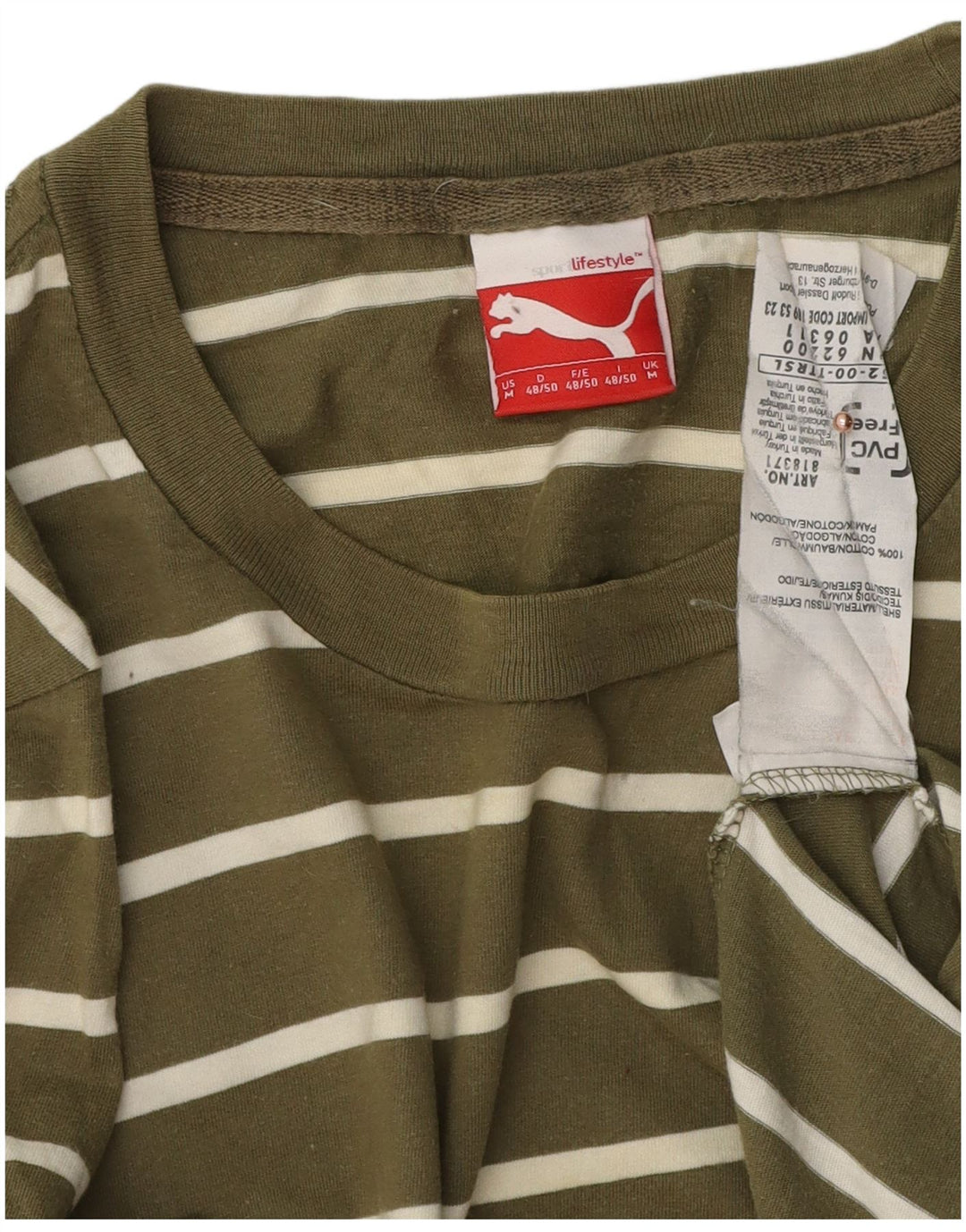 Puma Mens T-Shirt Top Médio Algodão Listrado Cáqui