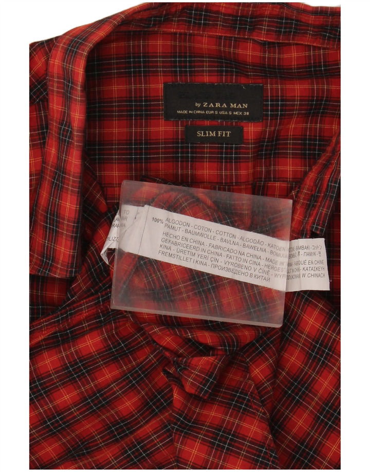 Camisa masculina Zara Slim Fit pequena vermelha xadrez de algodão