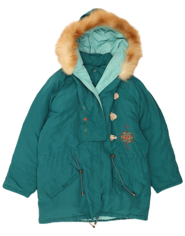 Jaqueta acolchoada com capuz feminina vintage UK 18 XL azul poliéster