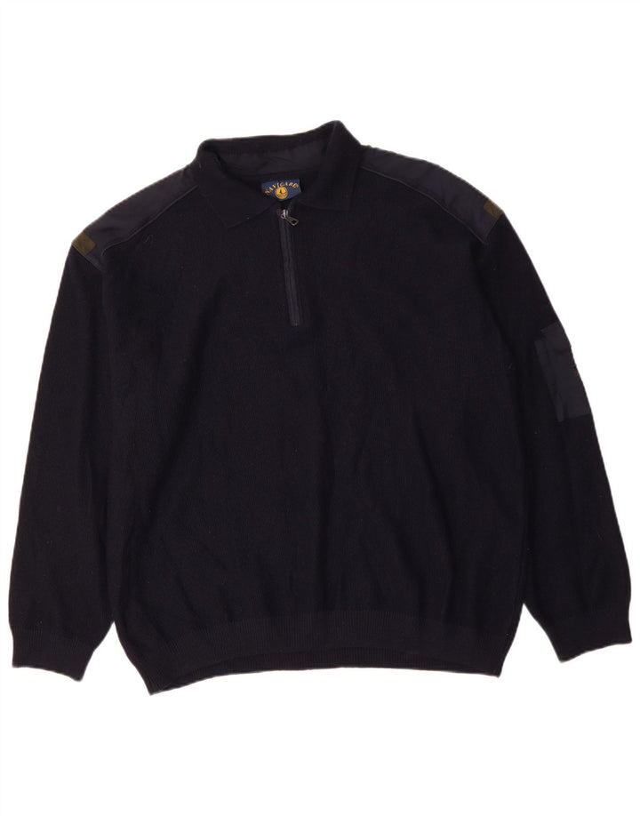 Suéter masculino NAVIGARE com zíper e gola polo 2XL lã Merino azul marinho