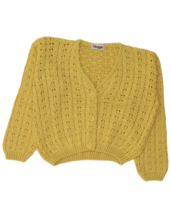 Suéter vintage feminino cropped cardigan Reino Unido 16 grande algodão amarelo