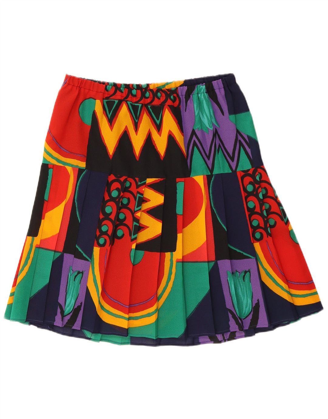 Saia plissada feminina vintage média W30 poliéster geométrico multicolorido