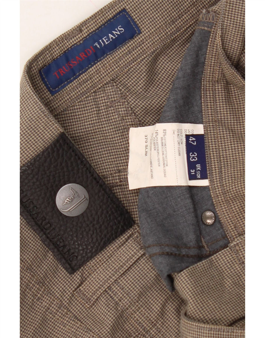TRUSSARDI Mens Slim Casual Trousers W31 L30 Beige Houndstooth Cotton Vintage Trussardi and Second-Hand Trussardi from Messina Hembry 