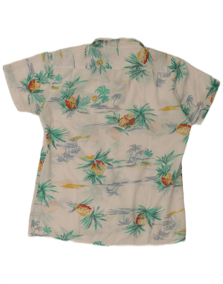 Camisa masculina vintage de manga curta, poliéster branco médio havaiano