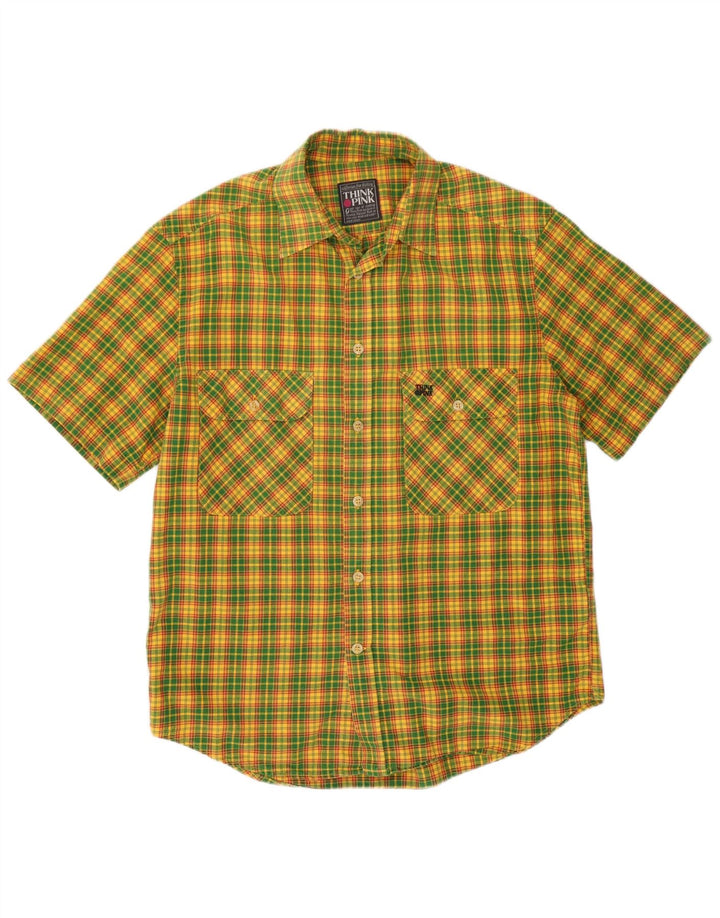 Camisa masculina de manga curta Think Pink de algodão xadrez amarelo pequeno