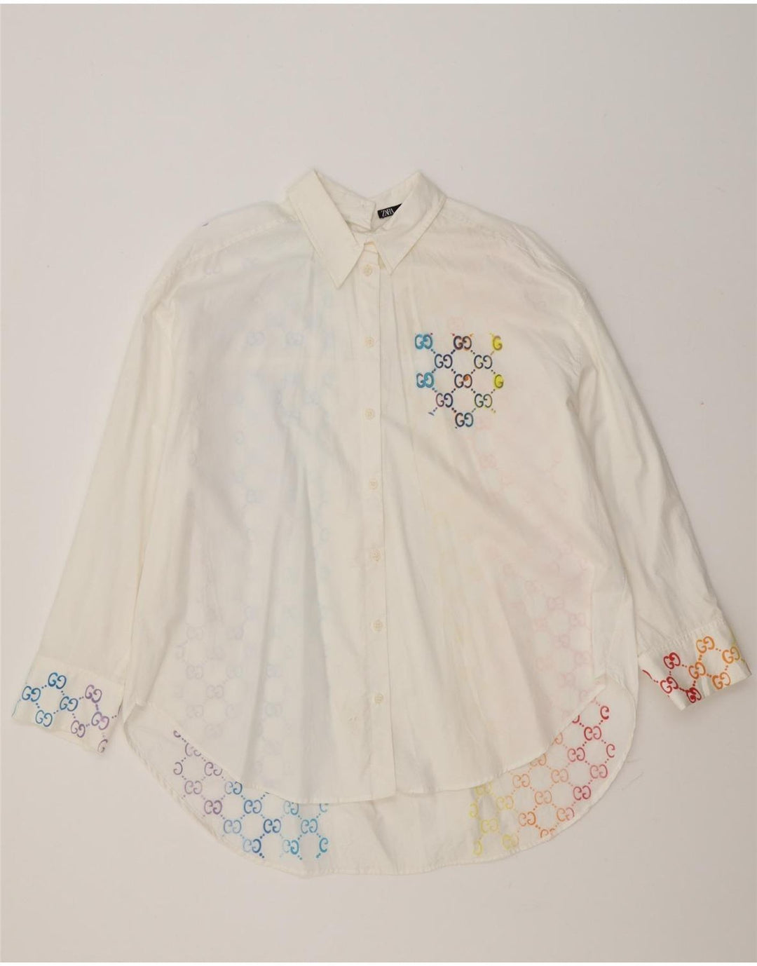 Camisa oversized feminina Zara UK 14 algodão geométrico branco médio