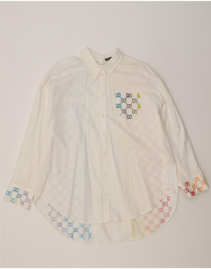 Camisa oversized feminina Zara UK 14 algodão geométrico branco médio