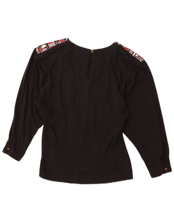 Blusa feminina VINTAGE estampada de manga comprida Reino Unido 12 acrílico preto médio