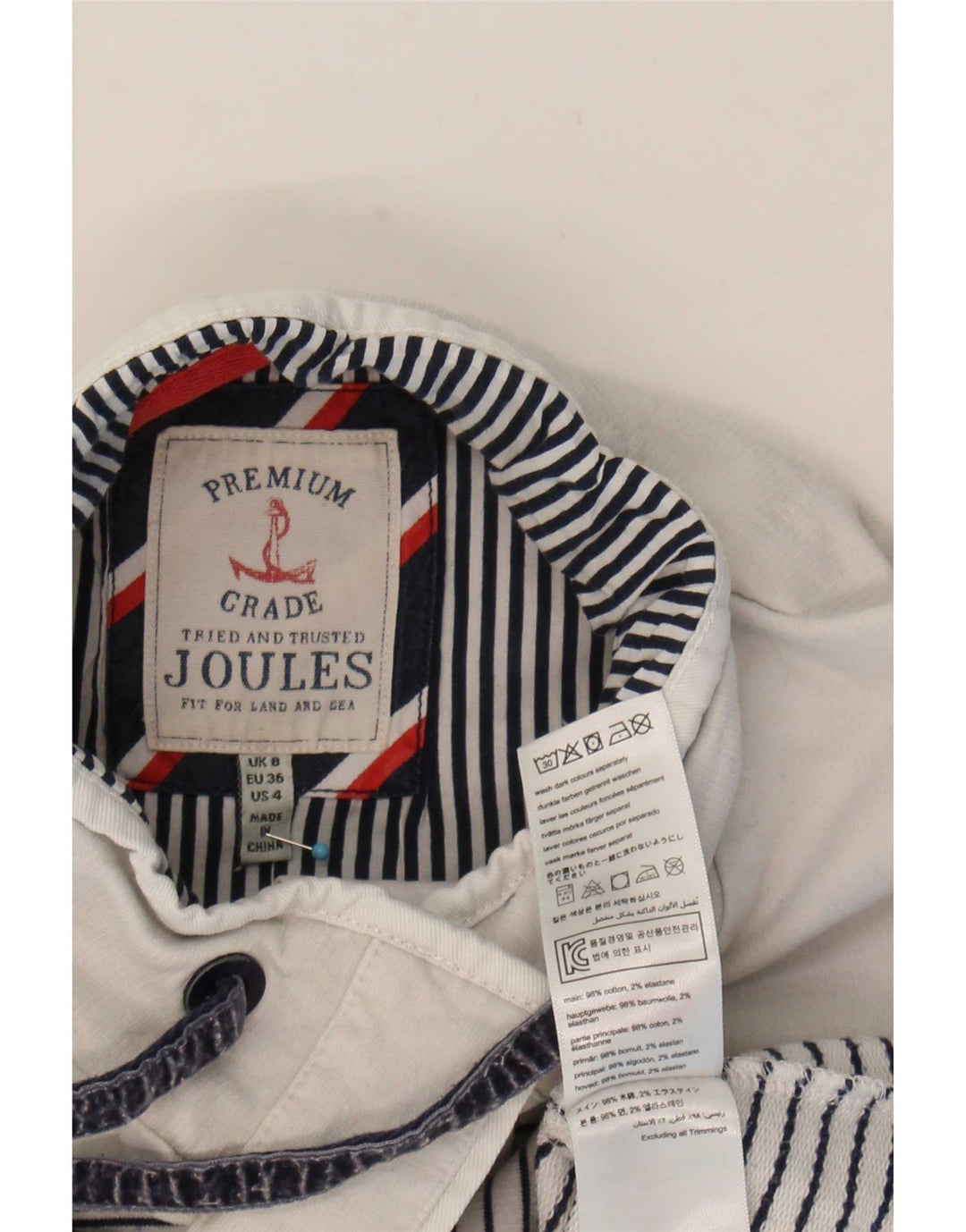 Suéter feminino Joules com gola redonda e botão UK 8 pequeno algodão listrado branco