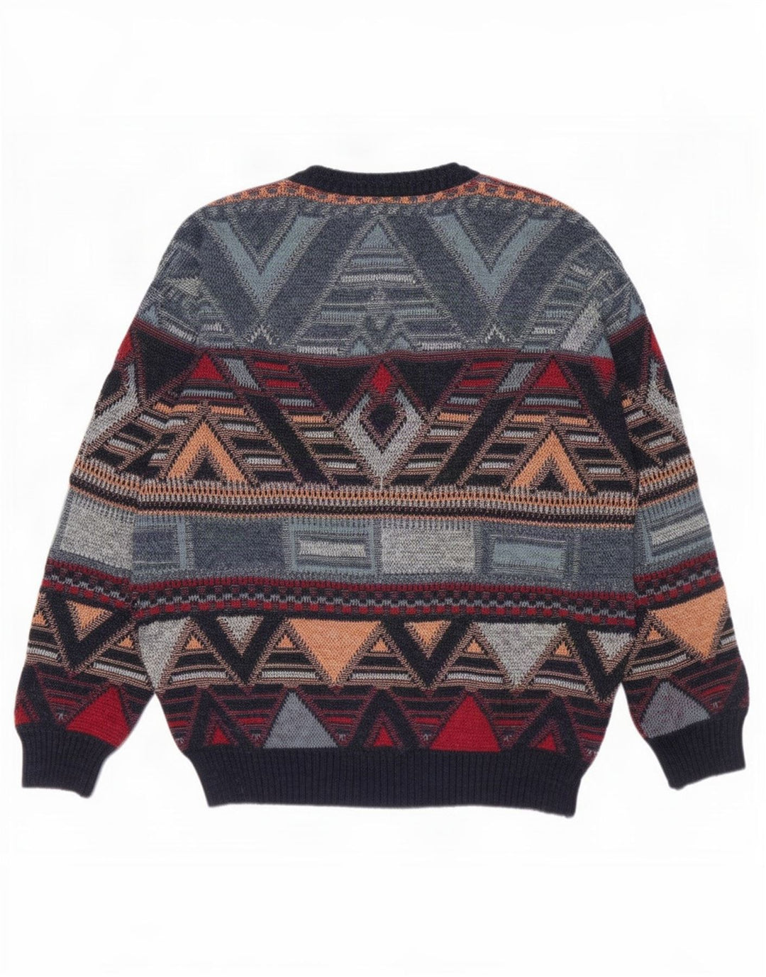 Suéter masculino vintage com decote em V UK 38/40 médio multicolorido geométrico