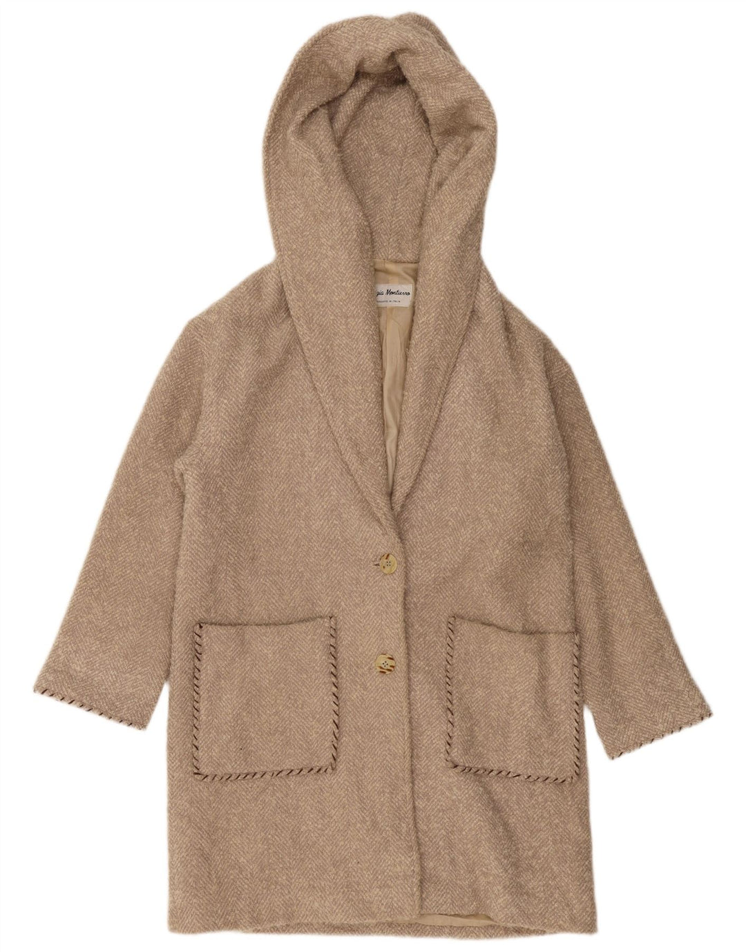 Sobretudo feminino grande com capuz VINTAGE Reino Unido 10 espinha de peixe pequena bege