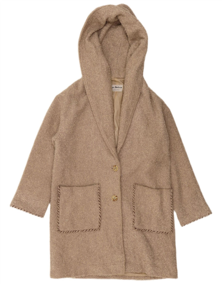 Sobretudo feminino grande com capuz VINTAGE Reino Unido 10 espinha de peixe pequena bege