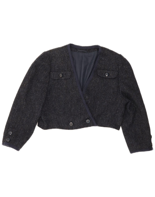 Jaqueta Bolero feminina vintage manga 3/4 Reino Unido 12 espinha de peixe azul marinho médio