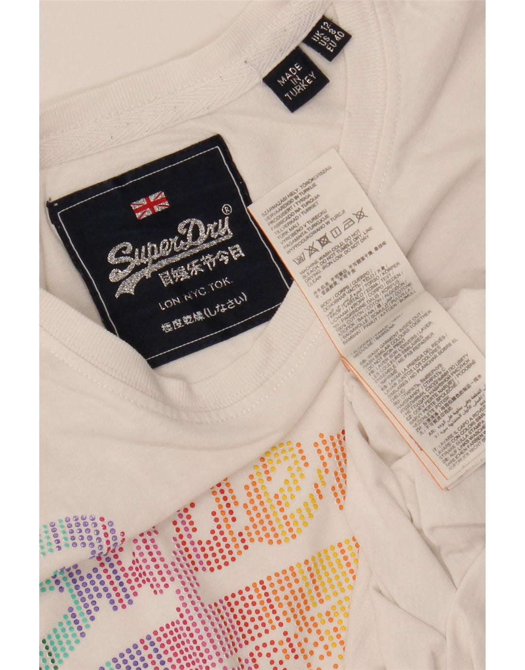 Camiseta feminina SUPERDRY com estampa gráfica UK 12 algodão branco médio