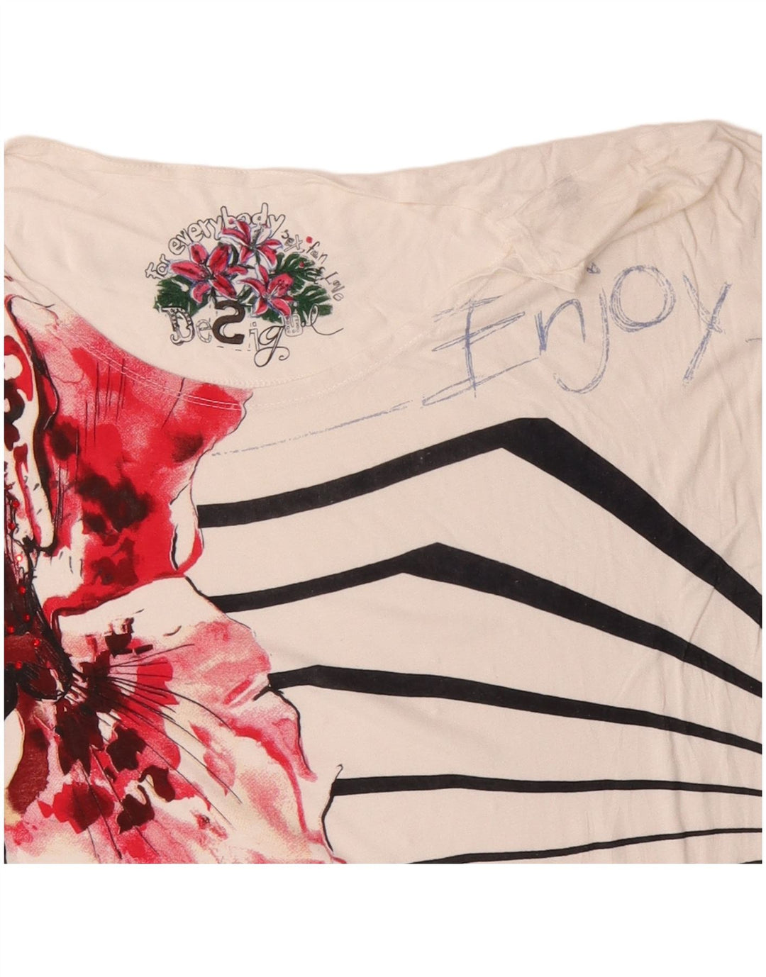 Camiseta feminina DESIGUAL com estampa gráfica UK 16 grande algodão floral branco
